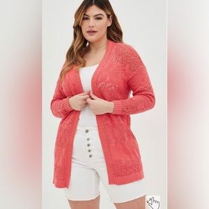 Torrid size 1 (14/16). Open Stitch Cardigan Open Front Sweater. Coral. EUC.